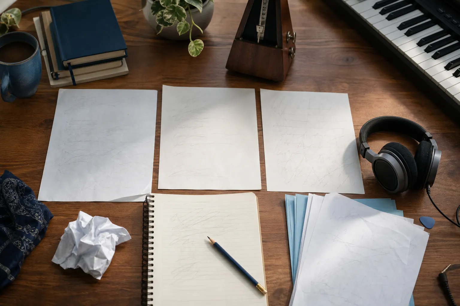 Songwriting workspace with paper sections, keyboard, metronome, and headphones