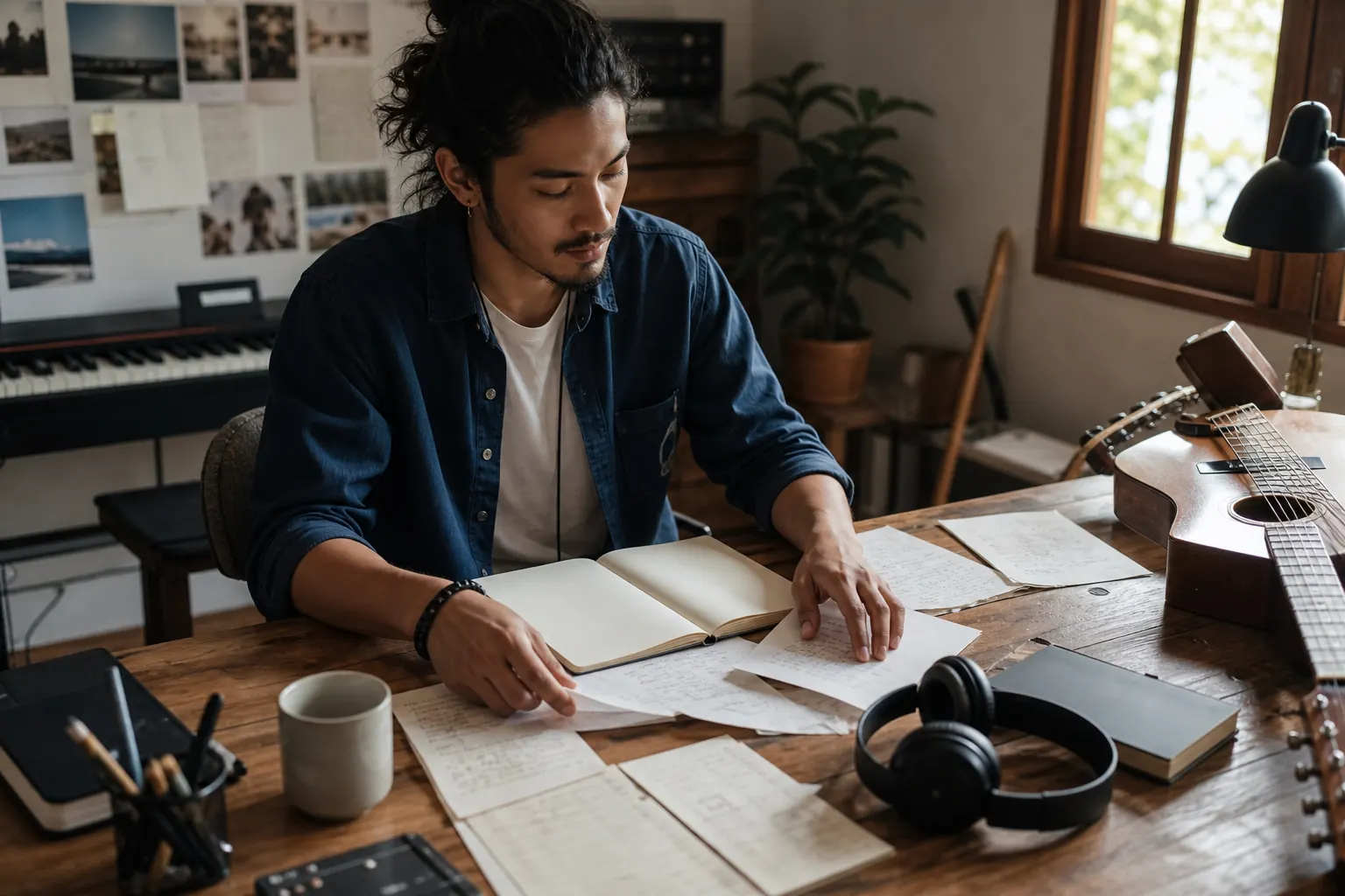 Songwriter arranging lyric notes at a desk with a guitar and headphones