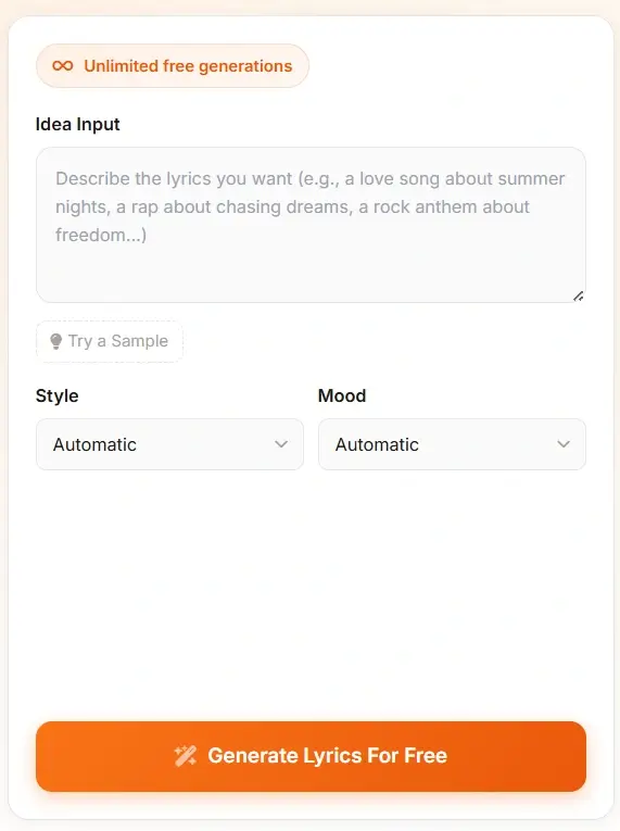 Free AI lyrics generator interface - enter your song idea to generate lyrics