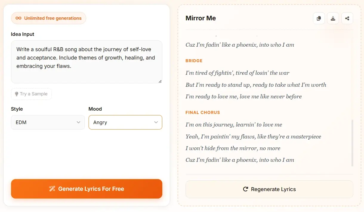 Song lyrics generator input form - choose style mood and generate lyrics from topic