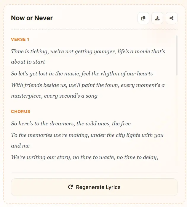 AI lyrics generator example - Now or Never motivational song lyrics