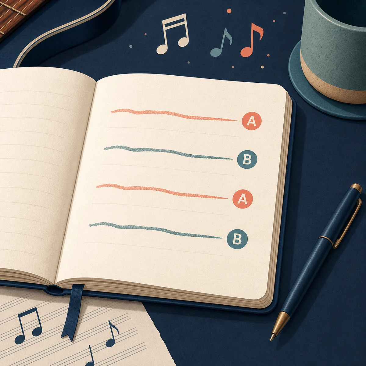 Open lyric notebook showing an ABAB rhyme scheme with colored A and B markers