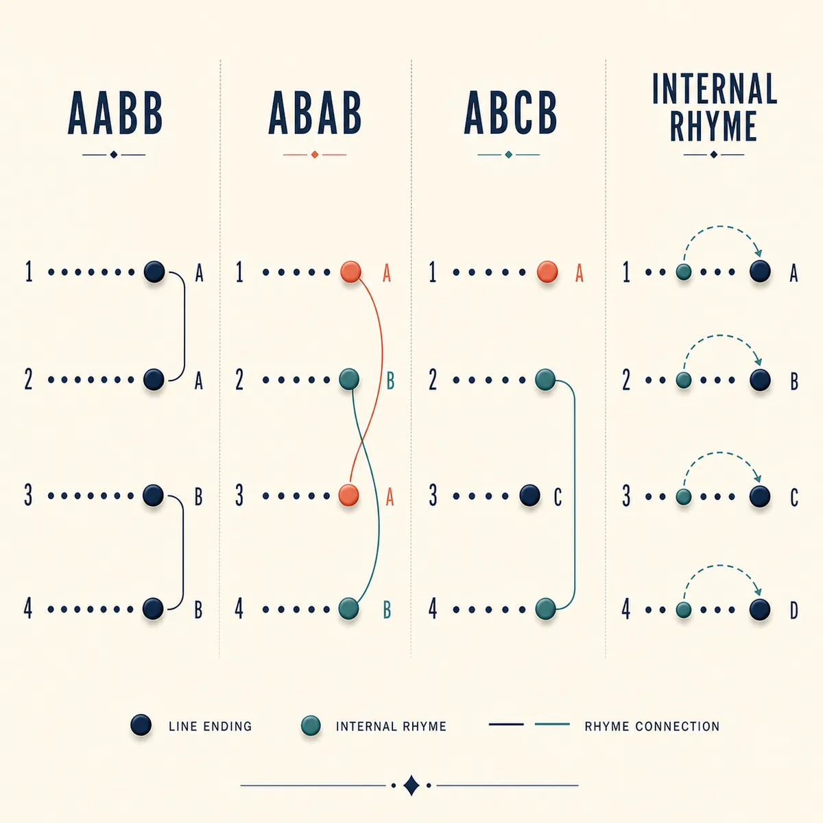 Editorial diagram comparing AABB, ABAB, ABCB, and internal rhyme patterns
