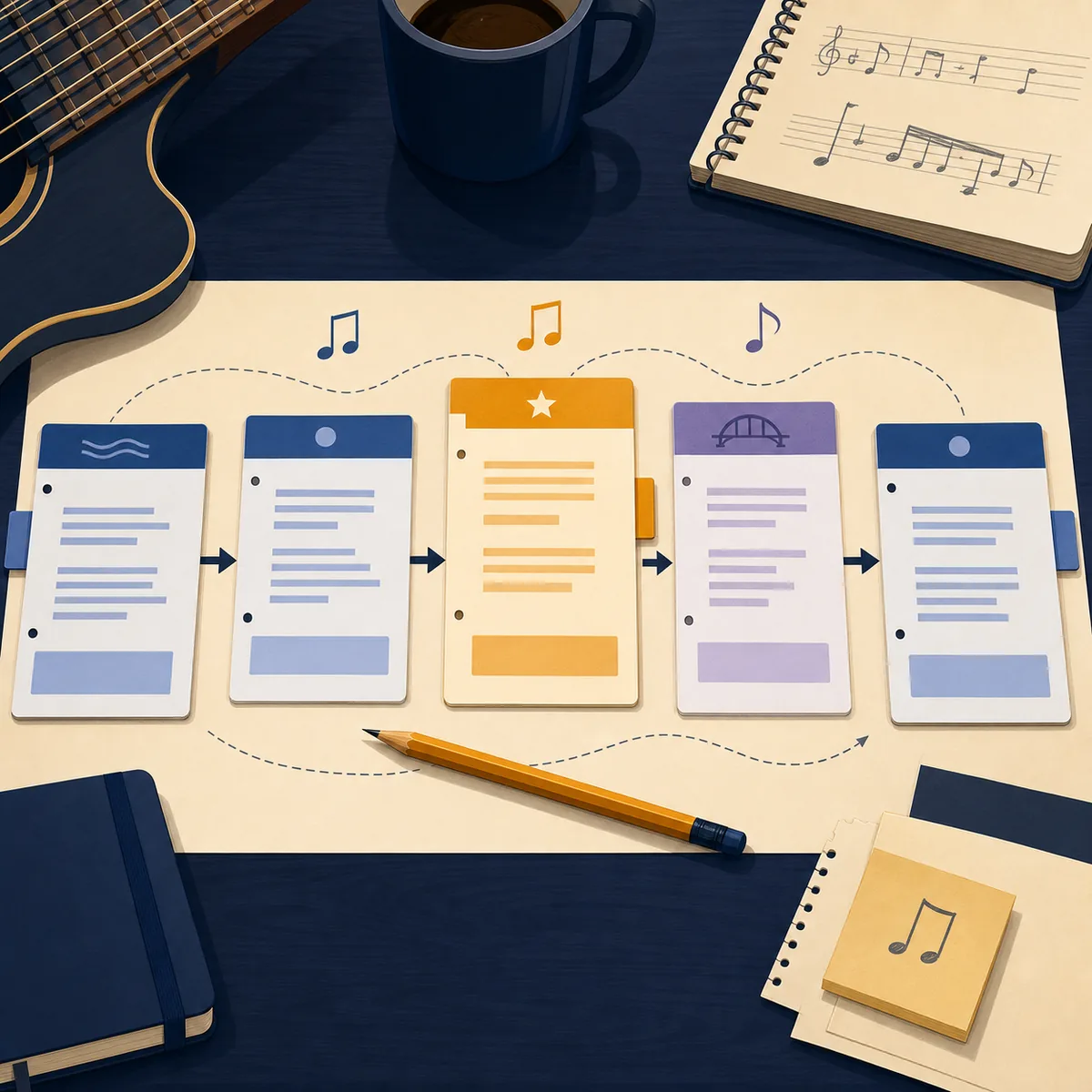 Editorial songwriting workflow showing lyric sections connected in a song structure