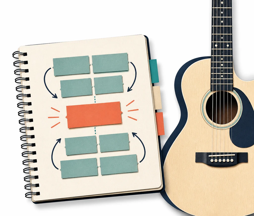 Songwriting notebook showing repeated verse sections around a central hook